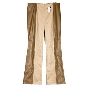 Fashion Nova Womens Plus 3X Two Tone Faux Leather Flare Wide Pants Tan Beige NEW